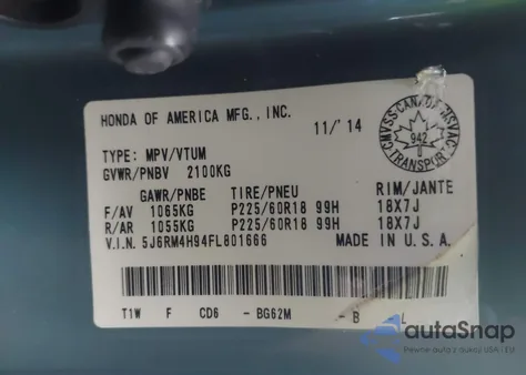 2015 Honda Cr-V Touring from USA, damaged, VIN 5J6RM4H94FL801666